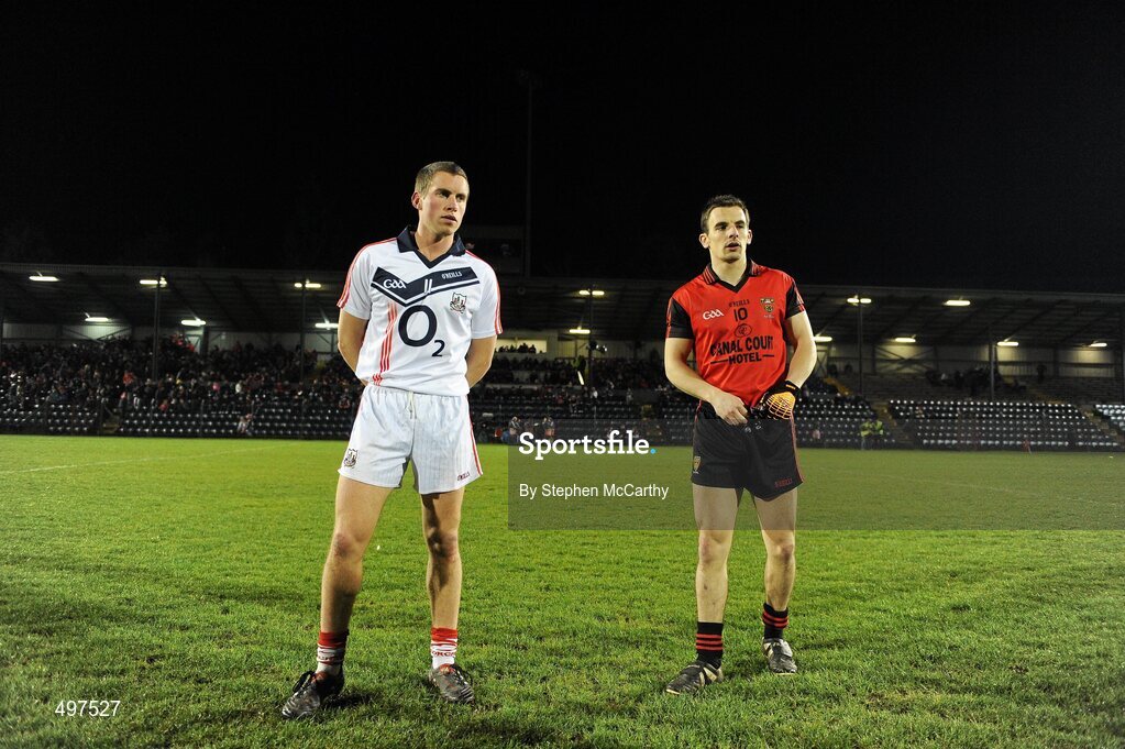 12 March 2011; Cork captain Patrick Kelly and Down captain Danny Hughes, right, await the referee to conduct the coin toss. Allianz Football League, Division 1, Round 4, Cork v Down, Pairc Ui Rinn, Cork. Picture credit: Stephen McCarthy / SPORTSFILE