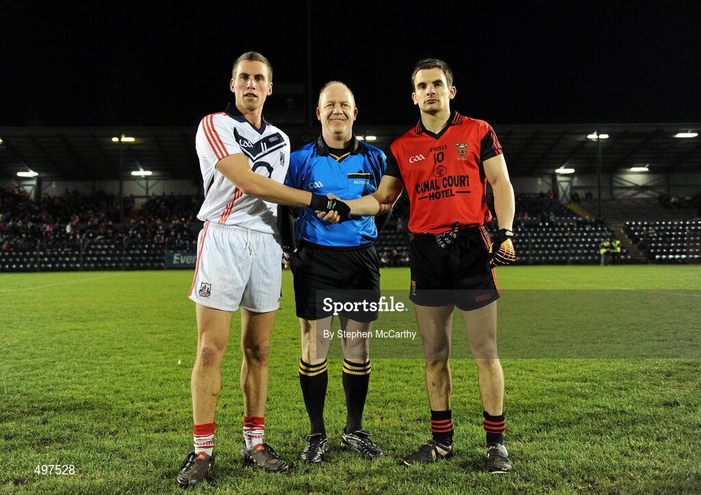 12 March 2011; Referee Derek Fahy, Longford, with Cork captain Patrick Kelly and Down captain Danny Hughes, right. Allianz Football League, Division 1, Round 4, Cork v Down, Pairc Ui Rinn, Cork. Picture credit: Stephen McCarthy / SPORTSFILE