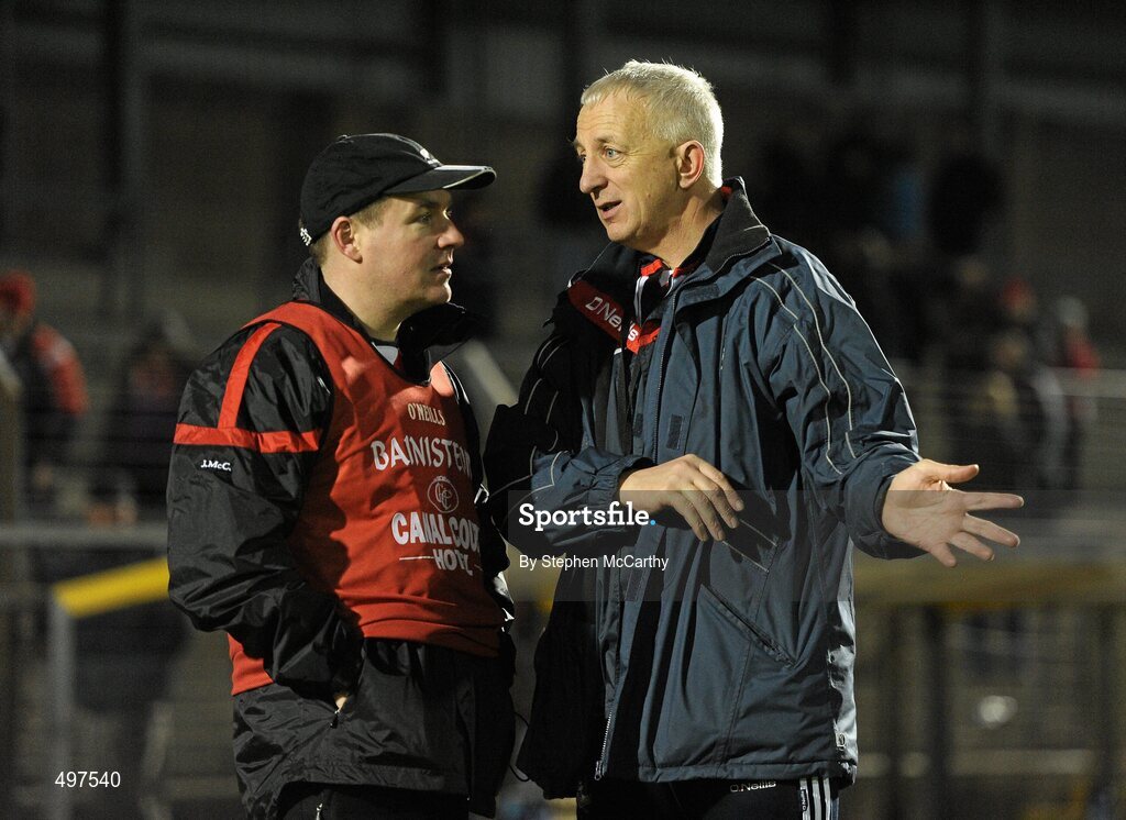 12 March 2011; Cork manager Conor Counihan, right, and Down manager James McCartan in conversation after the game. Allianz Football League, Division 1, Round 4, Cork v Down, Pairc Ui Rinn, Cork. Picture credit: Stephen McCarthy / SPORTSFILE