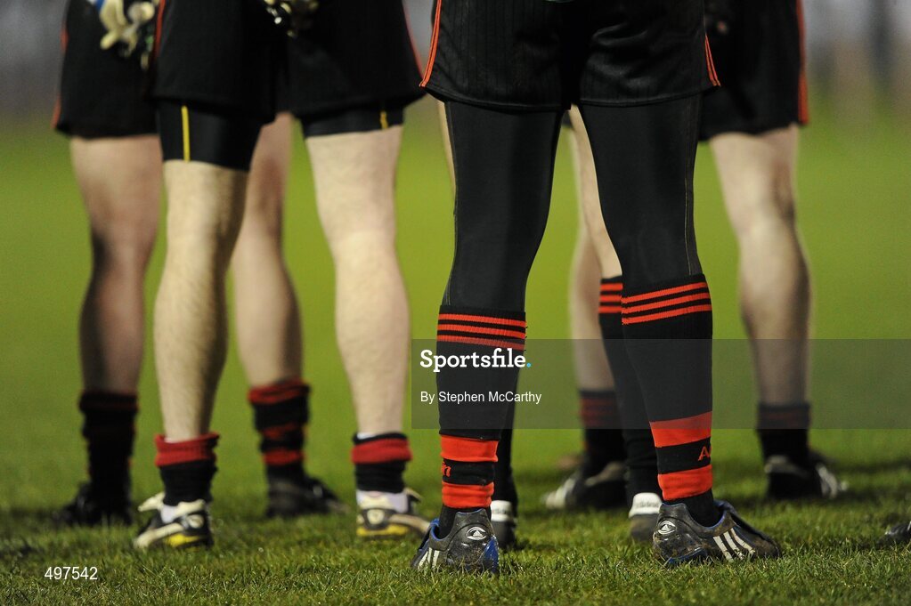 12 March 2011; Down goalkeeper Cathal Murdock wearing compression tights during the National Anthem. Allianz Football League, Division 1, Round 4, Cork v Down, Pairc Ui Rinn, Cork. Picture credit: Stephen McCarthy / SPORTSFILE