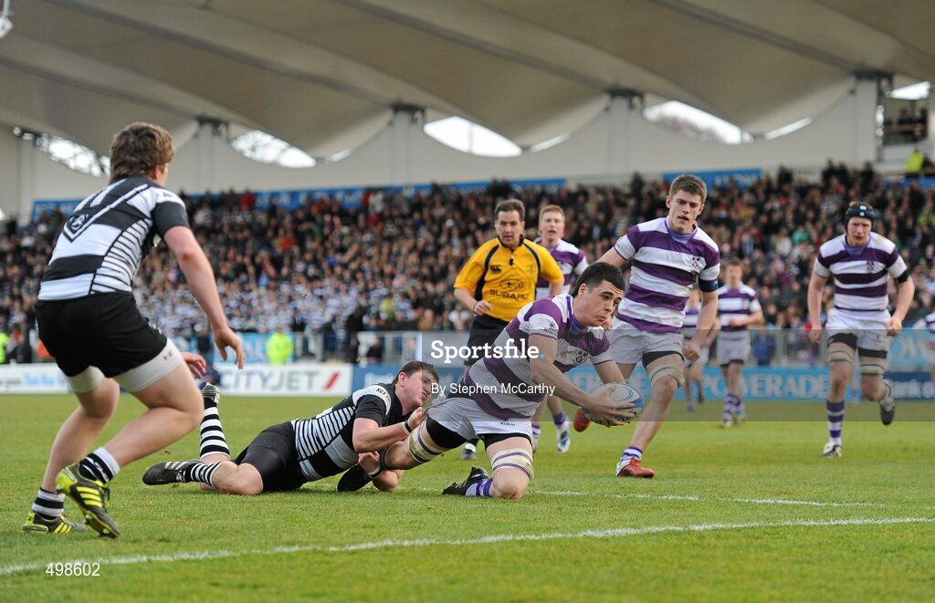17 March 2011; Jordan Coghlan, Clongowes Wood College SJ, goes over for a try despite the tackle of Eamonn Quirke, Cistercian College Roscrea. Powerade Leinster Schools Senior Cup Final, Cistercian College Roscrea v Clongowes Wood College SJ, RDS, Ballsbridge, Dublin. Picture credit: Stephen McCarthy / SPORTSFILE