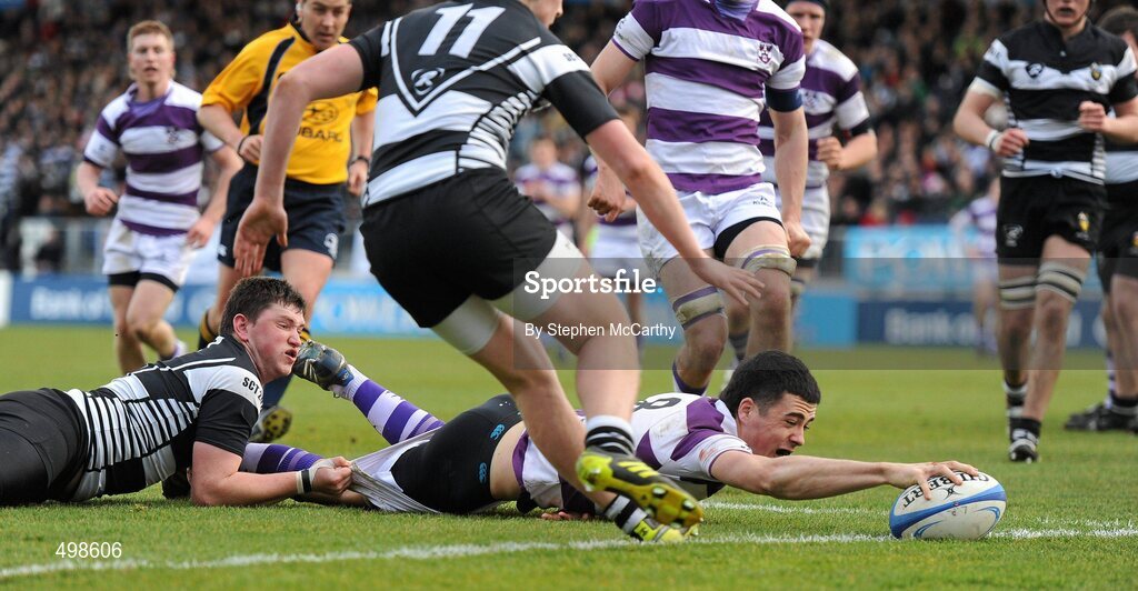 17 March 2011; Jordan Coghlan, Clongowes Wood College SJ, goes over for a try despite the tackle of Eamonn Quirke, Cistercian College Roscrea. Powerade Leinster Schools Senior Cup Final, Cistercian College Roscrea v Clongowes Wood College SJ, RDS, Ballsbridge, Dublin. Picture credit: Stephen McCarthy / SPORTSFILE