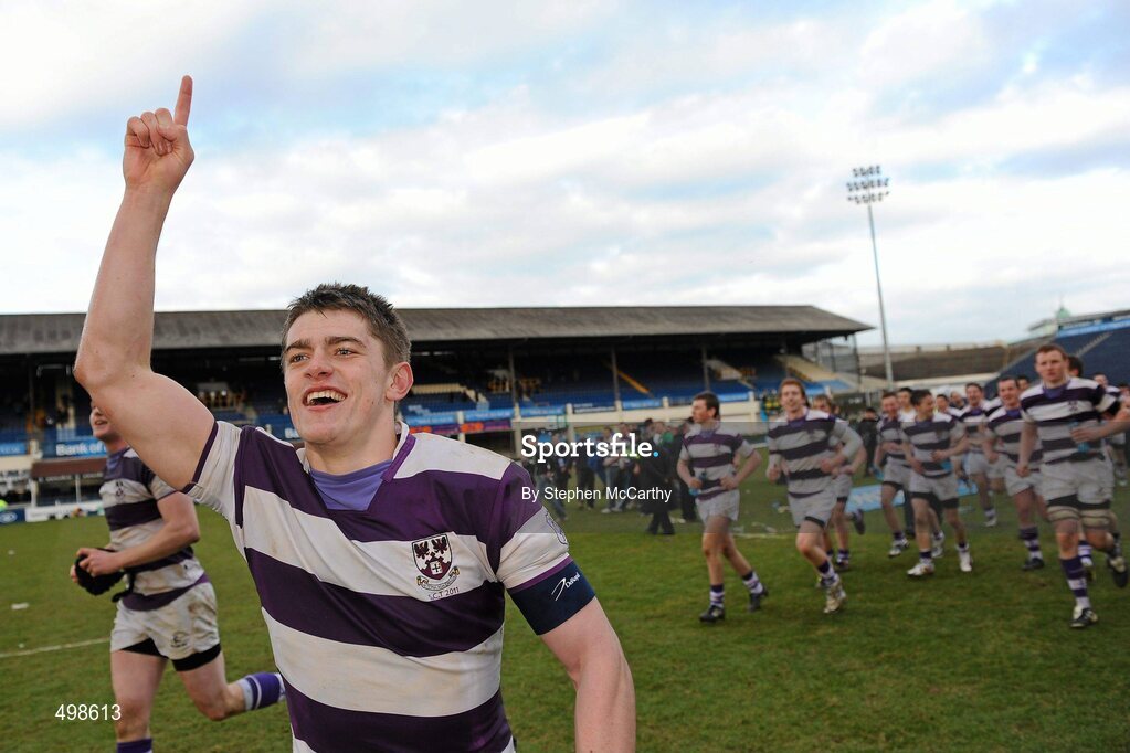 17 March 2011; Nick McCarthy, Clongowes Wood College SJ, and team-mates celebrate their side's victory. Powerade Leinster Schools Senior Cup Final, Cistercian College Roscrea v Clongowes Wood College SJ, RDS, Ballsbridge, Dublin. Picture credit: Stephen McCarthy / SPORTSFILE