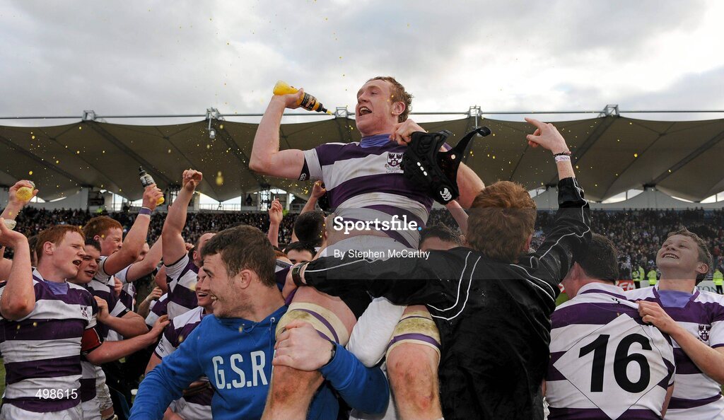 17 March 2011; Conor Gilsenan, Clongowes Wood College SJ captain, is held aloft. Powerade Leinster Schools Senior Cup Final, Cistercian College Roscrea v Clongowes Wood College SJ, RDS, Ballsbridge, Dublin. Picture credit: Stephen McCarthy / SPORTSFILE