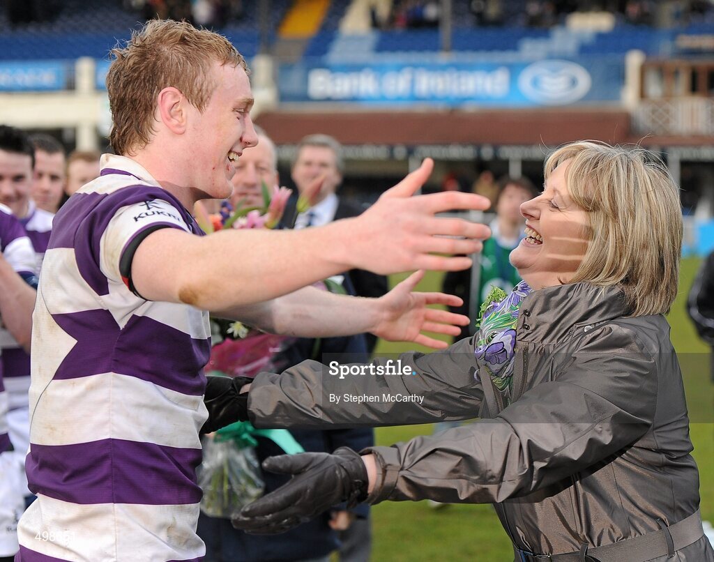 17 March 2011; Clongowes Wood College SJ captain Conor Gilsenan is embraced by his mother Joan following his side's victory. Powerade Leinster Schools Senior Cup Final, Cistercian College Roscrea v Clongowes Wood College SJ, RDS, Ballsbridge, Dublin. Picture credit: Stephen McCarthy / SPORTSFILE