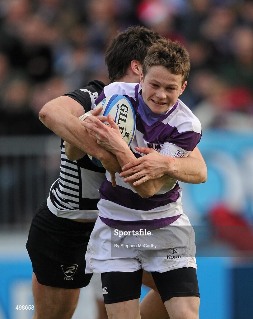17 March 2011; Max McFarland, Clongowes Wood College SJ, is tackled by Conor Finn, Cistercian College Roscrea. Powerade Leinster Schools Senior Cup Final, Cistercian College Roscrea v Clongowes Wood College SJ, RDS, Ballsbridge, Dublin. Picture credit: Stephen McCarthy / SPORTSFILE