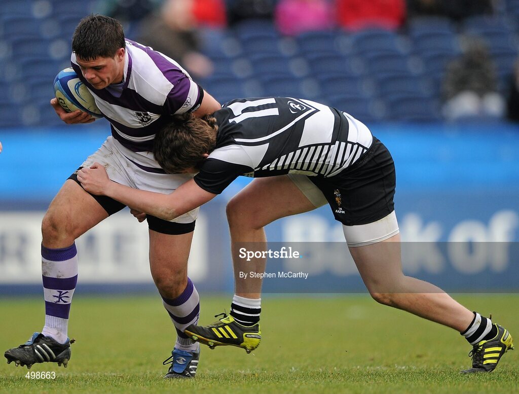 17 March 2011; Gordon Frayne, Clongowes Wood College SJ, is tackled by Matt Mellotte, Cistercian College Roscrea. Powerade Leinster Schools Senior Cup Final, Cistercian College Roscrea v Clongowes Wood College SJ, RDS, Ballsbridge, Dublin. Picture credit: Stephen McCarthy / SPORTSFILE