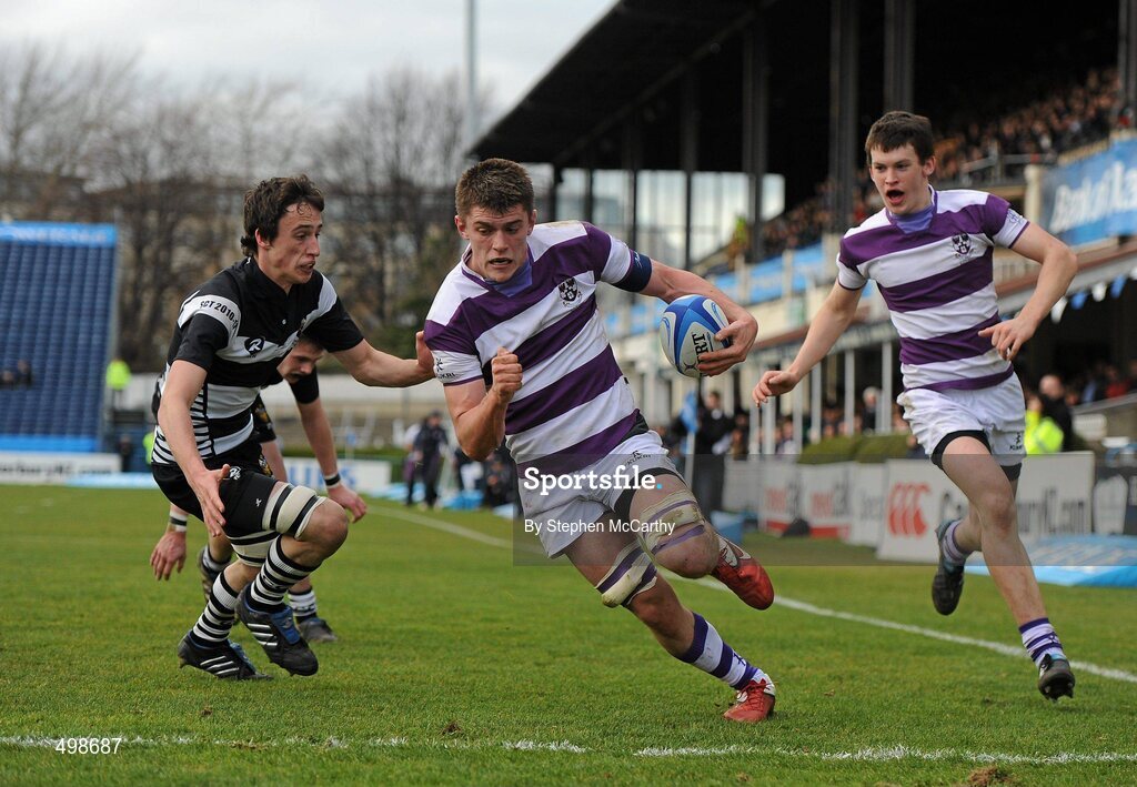 17 March 2011; Nick McCarthy, Clongowes Wood College SJ, supported by team-mate Conor Joyce, right, goes over for a try despite the attention of Aiden McGrath, Cistercian College Roscrea. Powerade Leinster Schools Senior Cup Final, Cistercian College Roscrea v Clongowes Wood College SJ, RDS, Ballsbridge, Dublin. Picture credit: Stephen McCarthy / SPORTSFILE