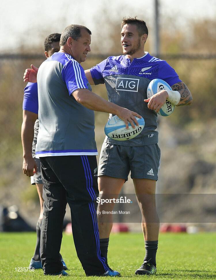 1 November 2016; TJ Perenara, right, of New Zealand with assistant head coach Ian Foster during a New Zealand Rugby Squad Training at Toyota Park in Chicago, USA.  Photo by Brendan Moran/Sportsfile