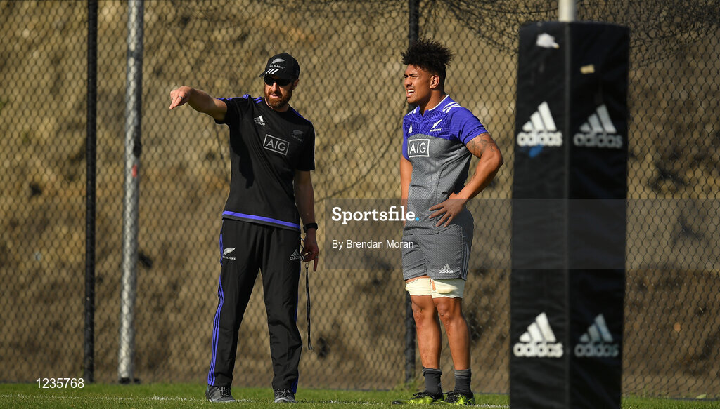 1 November 2016; Ardie Savea of New Zealand with strength & conditioning coach Dr. Nic Gill during a New Zealand Rugby Squad Training at Toyota Park in Chicago, USA.  Photo by Brendan Moran/Sportsfile