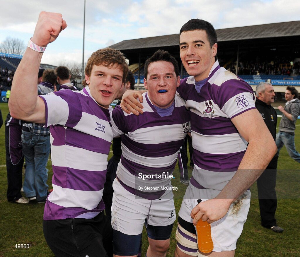 17 March 2011; Clongowes Wood College SJ players, from left, former player Oscar O'Sulleabhain, Diarmuid Kennedy and Jordan Coghlan celebrate their side's victory. Powerade Leinster Schools Senior Cup Final, Cistercian College Roscrea v Clongowes Wood College SJ, RDS, Ballsbridge, Dublin. Picture credit: Stephen McCarthy / SPORTSFILE
