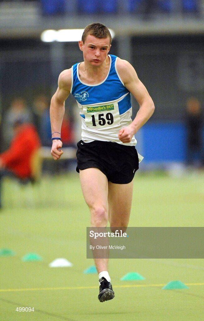 19 March 2011; Marcus Lawlor, from St Lawerence O'Toole AC, in action during the U17 boys 60m final. Woodie’s DIY National Juvenile Indoor Championships, Meadowbank Indoor Arena, Magherafelt, Derry. Picture credit: Oliver McVeigh / SPORTSFILE
