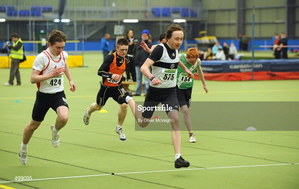 19 March 2011; Sean Lawlor, from Donore Harriers, Dublin, centre, beats Odran Byrne Gidea, North Sligo, left, to the line to win the U16 boys 60m final. Woodie’s DIY National Juvenile Indoor Championships, Meadowbank Indoor Arena, Magherafelt, Derry. Picture credit: Oliver McVeigh / SPORTSFILE