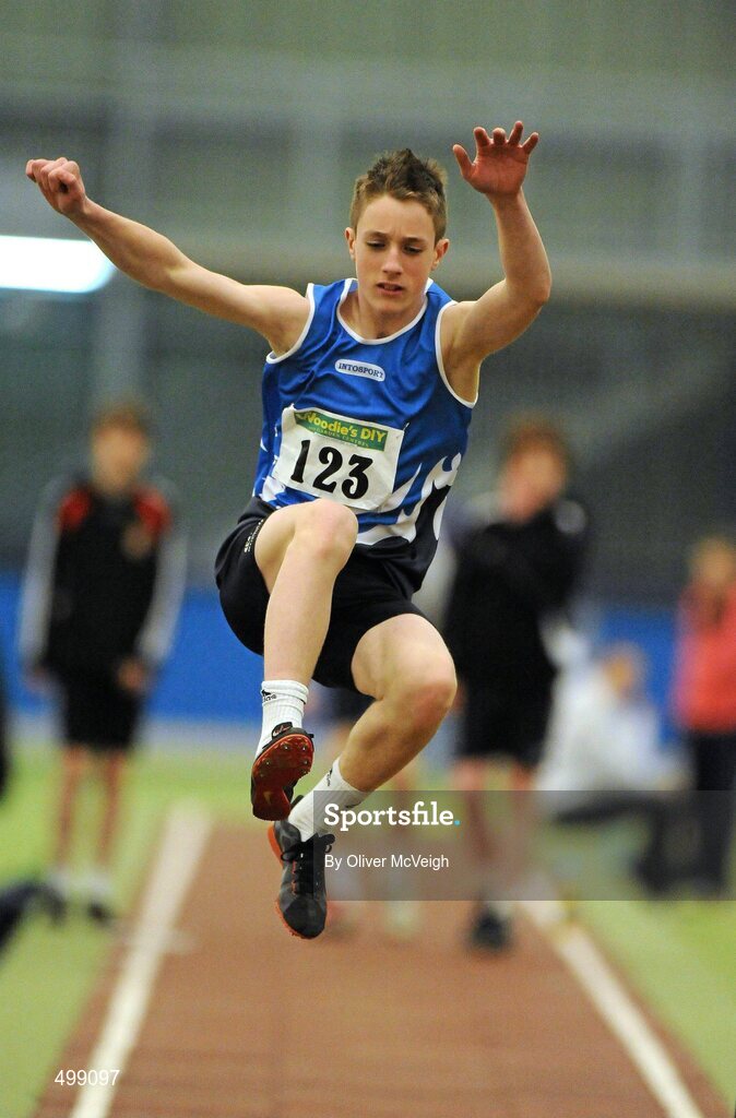 19 March 2011; Ryan Murray, from Bree AC, Wexford, in action during the U14 boys long jump final. Woodie’s DIY National Juvenile Indoor Championships, Meadowbank Indoor Arena, Magherafelt, Derry. Picture credit: Oliver McVeigh / SPORTSFILE