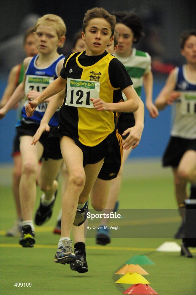19 March 2011; Luke Fitzpatrick, from Kilkenny City Harriers, on his way to winning the U13 boys 600m final. Woodie’s DIY National Juvenile Indoor Championships, Meadowbank Indoor Arena, Magherafelt, Derry. Picture credit: Oliver McVeigh / SPORTSFILE