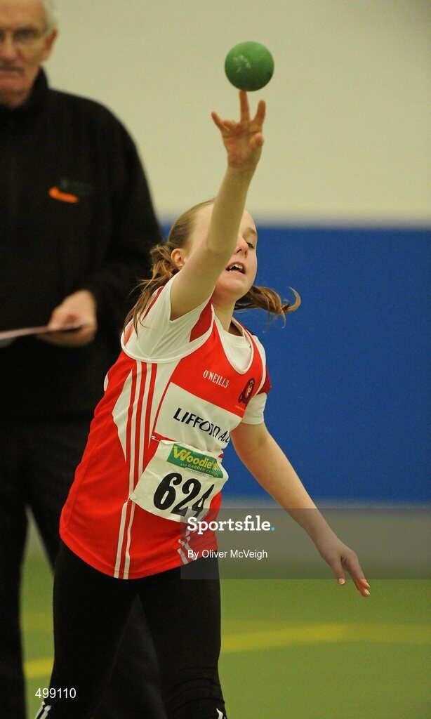 19 March 2011; Shannon Connell, from Lifford AC, Donegal, in action during the U12 girls Shot Putt final. Woodie’s DIY National Juvenile Indoor Championships, Meadowbank Indoor Arena, Magherafelt, Derry. Picture credit: Oliver McVeigh / SPORTSFILE