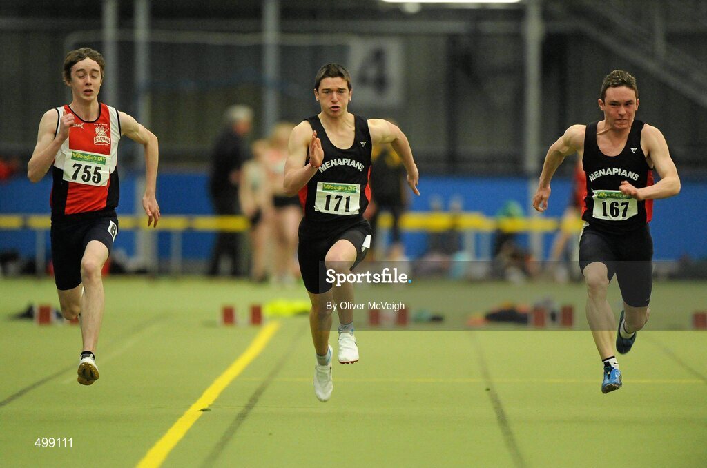 19 March 2011; Mark McGarvey, City of Derry, Conor Wilson, Menapians AC, Wexford and Tony Stafford, Menapians AC, Wexford in action during the U18 boys 60m final. Woodie’s DIY National Juvenile Indoor Championships, Meadowbank Indoor Arena, Magherafelt, Derry. Picture credit: Oliver McVeigh / SPORTSFILE