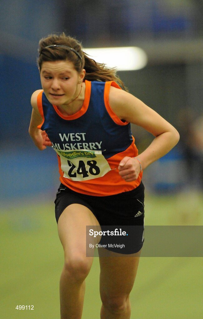19 March 2011; Grainne Moynihan, from West Muskerry, Cork, dipping for the line in the U18 girls 60m final. Woodie’s DIY National Juvenile Indoor Championships, Meadowbank Indoor Arena, Magherafelt, Derry. Picture credit: Oliver McVeigh / SPORTSFILE