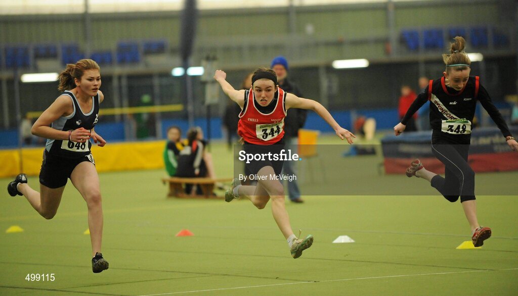 19 March 2011; Zoe Dickson, Lagan Valley, Co. Down, Dearbhaile Beirne, Mohill AC, Co. Leitrim  and Aislinn Forkan, Swinford AC, Co. Mayo, during the U14 girls 60m final. Woodie’s DIY National Juvenile Indoor Championships, Meadowbank Indoor Arena, Magherafelt, Derry. Picture credit: Oliver McVeigh / SPORTSFILE