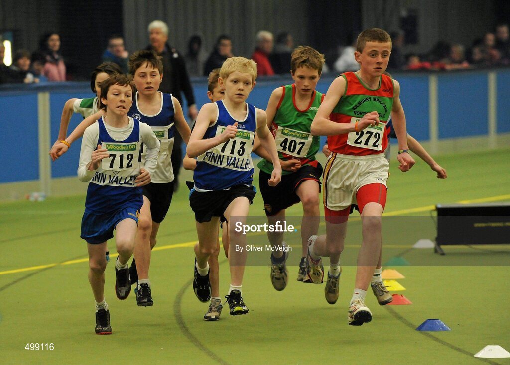 19 March 2011; Charles McDaid, Finn Valley AC, Co. Donegal, Denver Kelly, Finn Valley AC, Co. Donegal, Joe Dawson, Wesport, Co. Mayo, and Eoin Looney, Kilmurray Ibrickine AC, Co. Clare, in action during the U13 boys 600m final. Woodie’s DIY National Juvenile Indoor Championships, Meadowbank Indoor Arena, Magherafelt, Derry. Picture credit: Oliver McVeigh / SPORTSFILE