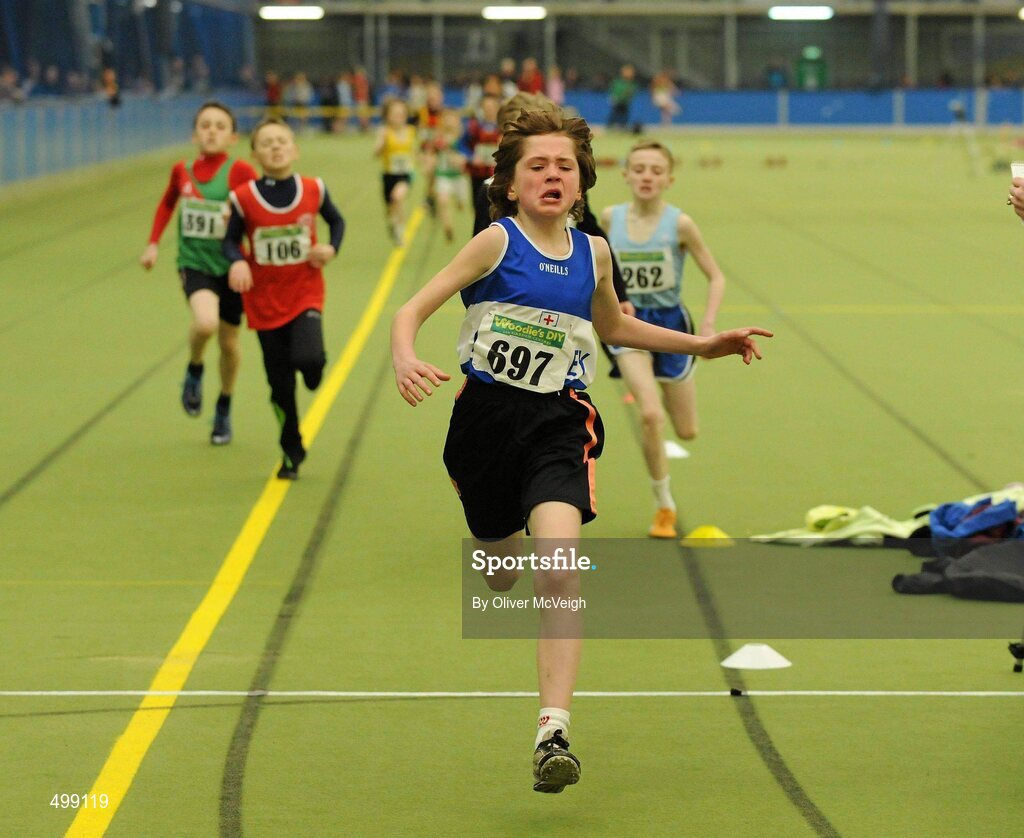 19 March 2011; Aaron McGlynn, from Finn Valley AC, Co. Donegal, crossing the finish to win the U12 boys 600m final. Woodie’s DIY National Juvenile Indoor Championships, Meadowbank Indoor Arena, Magherafelt, Derry. Picture credit: Oliver McVeigh / SPORTSFILE