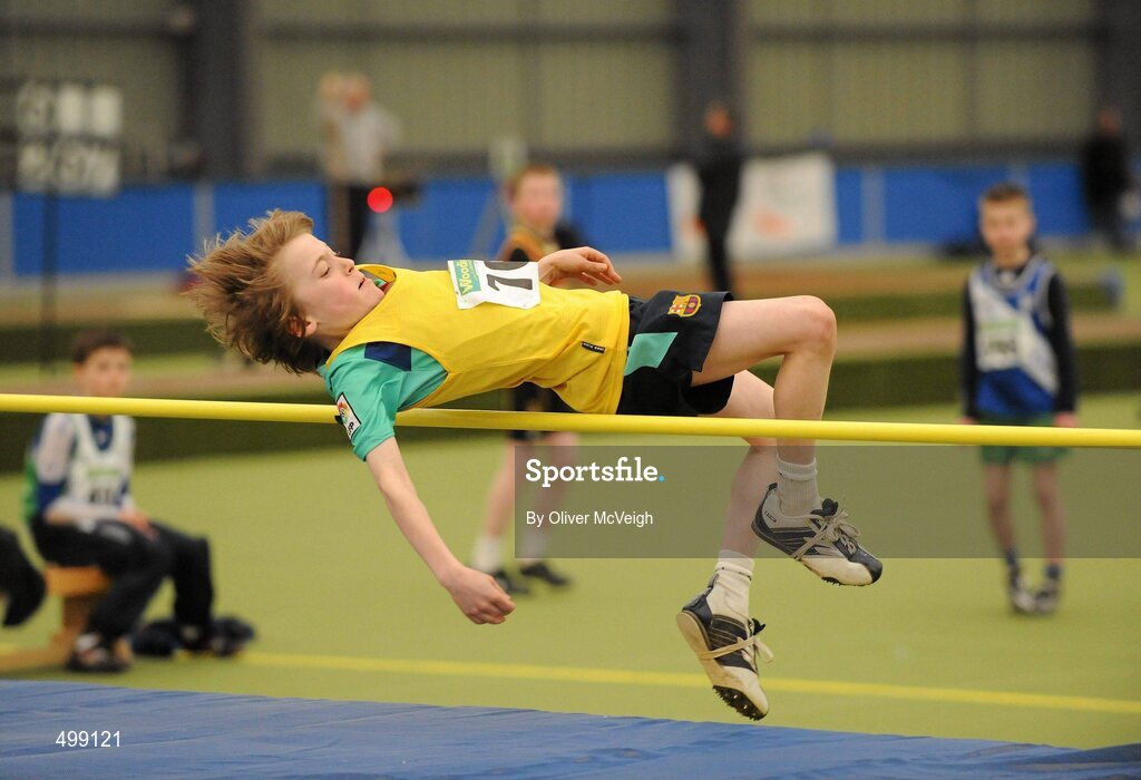 19 March 2011; Pat Loughrey, from Innishowen AC, Co. Donegal, in action during the U12 high jump final. Woodie’s DIY National Juvenile Indoor Championships, Meadowbank Indoor Arena, Magherafelt, Derry. Picture credit: Oliver McVeigh / SPORTSFILE