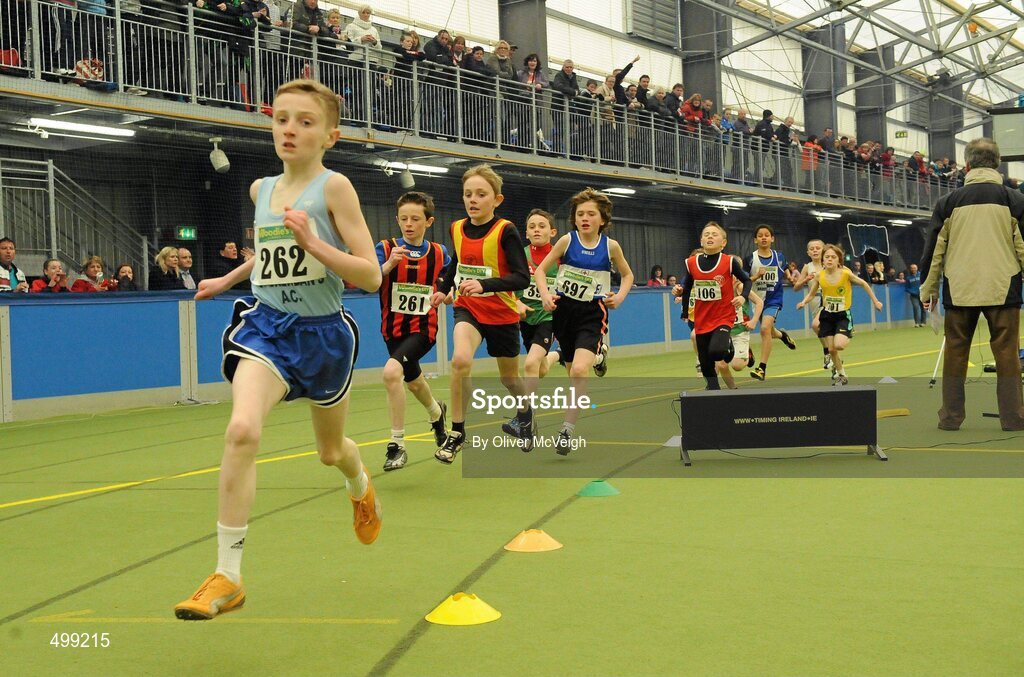 19 March 2011; Darragh Lowth, from St. Brendans, Co. Offaly, leads after the bell in the U12 boys 600m final. Woodie’s DIY National Juvenile Indoor Championships, Meadowbank Indoor Arena, Magherafelt, Derry. Picture credit: Oliver McVeigh / SPORTSFILE