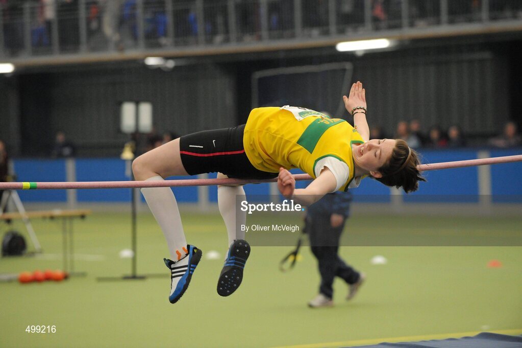 19 March 2011; Niamh Kelly, from Boyne Valley AC, Co. Louth, during the U14 girls high jump final. Woodie’s DIY National Juvenile Indoor Championships, Meadowbank Indoor Arena, Magherafelt, Derry. Picture credit: Oliver McVeigh / SPORTSFILE