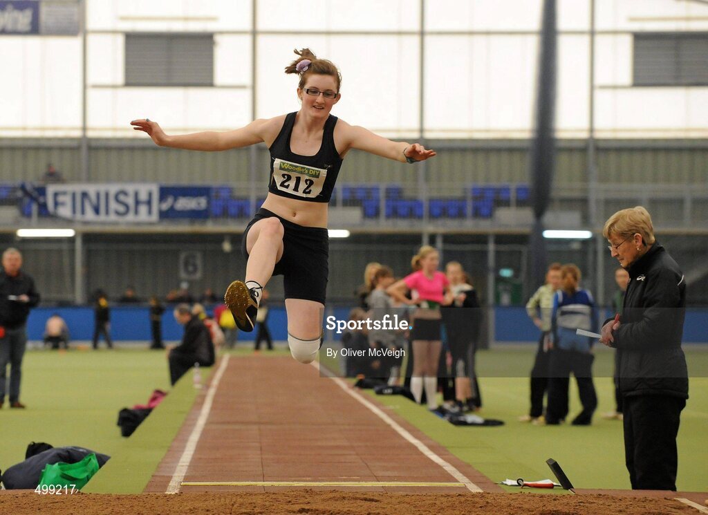 19 March 2011; Molly Healy, from Belgooly AC, Co. Cork, during the U13 girls long jump final. Woodie’s DIY National Juvenile Indoor Championships, Meadowbank Indoor Arena, Magherafelt, Derry. Picture credit: Oliver McVeigh / SPORTSFILE
