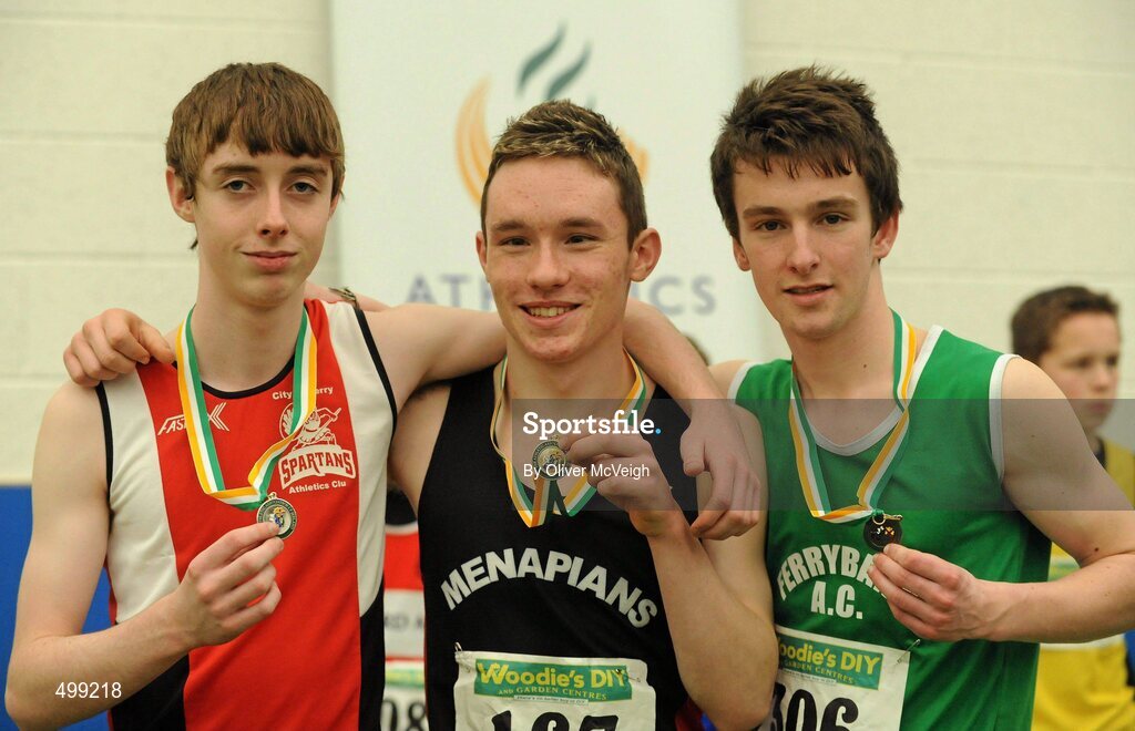 19 March 2011; Winner of the U18s boys 60m final Tony Stafford, Menapians AC, Co. Wexford, centre, with second place Mark McGarvey, City of Derry, left, and third place John Halley, Ferrybank AC, Co. Waterford. Woodie’s DIY National Juvenile Indoor Championships, Meadowbank Indoor Arena, Magherafelt, Derry. Picture credit: Oliver McVeigh / SPORTSFILE
