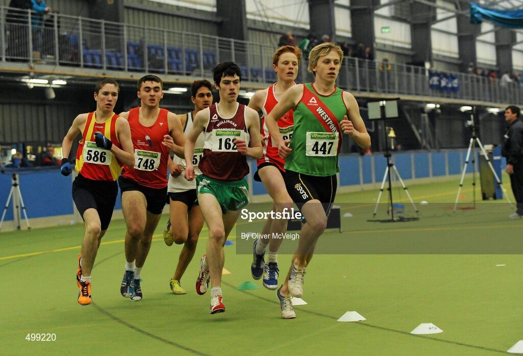 19 March 2011; David Harper, from Westport AC, Co. Mayo, leading the U17 boys 1500m final. Woodie’s DIY National Juvenile Indoor Championships, Meadowbank Indoor Arena, Magherafelt, Derry. Picture credit: Oliver McVeigh / SPORTSFILE