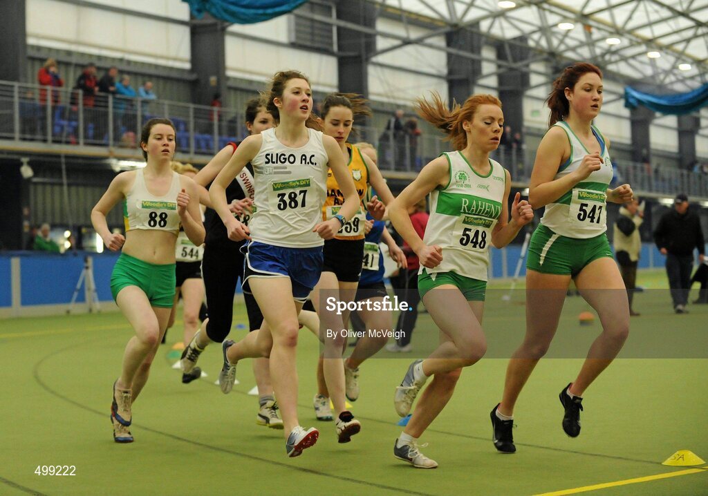 19 March 2011; Sharon Hodgins, Sligo AC, 387, Isseult O'Donnell, 548, Raheny Shamrock AC, Dublin, and Chloe Doran, 547, Raheny Shamrock AC leading the U18 girls 1500m final. Woodie’s DIY National Juvenile Indoor Championships, Meadowbank Indoor Arena, Magherafelt, Derry. Picture credit: Oliver McVeigh / SPORTSFILE