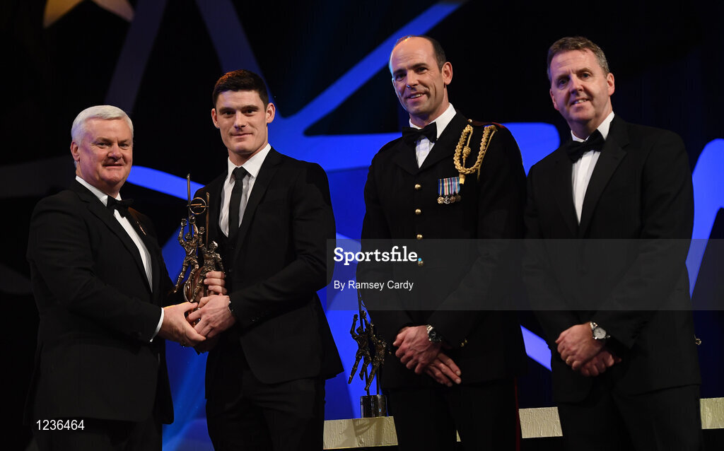 4 November 2016; Dublin Footballer Diarmuid Connolly receives his award from Uachtarán Chumann Lúthchleas Gael Aogán Ó Fearghail, in the company of Dermot Earley, 2nd from right, GPA President, and Dave Sheeran, right, Managing Director, Opel Ireland, at the 2016 GAA/GPA Opel All-Stars Awards at the Convention Centre in Dublin. Photo by Ramsey Cardy/Sportsfile