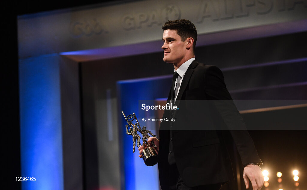 4 November 2016; Dublin Footballer Diarmuid Connolly with his award at the 2016 GAA/GPA Opel All-Stars Awards at the Convention Centre in Dublin. Photo by Ramsey Cardy/Sportsfile