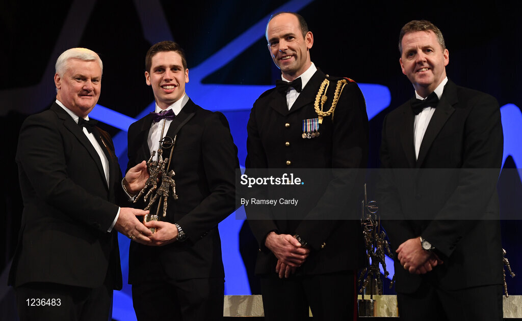 4 November 2016; Mayo footballer Lee Keegan receives his award from Uachtarán Chumann Lúthchleas Gael Aogán Ó Fearghail, in the company of Dermot Earley, 2nd from right, GPA President, and Dave Sheeran, right, Managing Director, Opel Ireland, at the 2016 GAA/GPA Opel All-Stars Awards at the Convention Centre in Dublin. Photo by Ramsey Cardy/Sportsfile