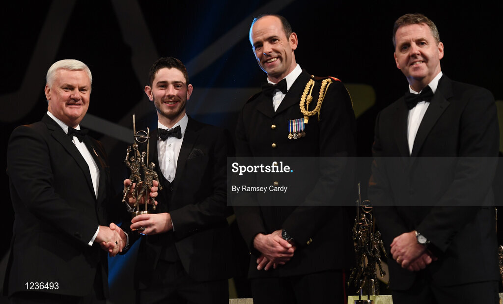 4 November 2016; Donegal footballer Ryan McHugh receives his award from Uachtarán Chumann Lúthchleas Gael Aogán Ó Fearghail, in the company of Dermot Earley, 2nd from right, GPA President, and Dave Sheeran, right, Managing Director, Opel Ireland, at the 2016 GAA/GPA Opel All-Stars Awards at the Convention Centre in Dublin. Photo by Ramsey Cardy/Sportsfile