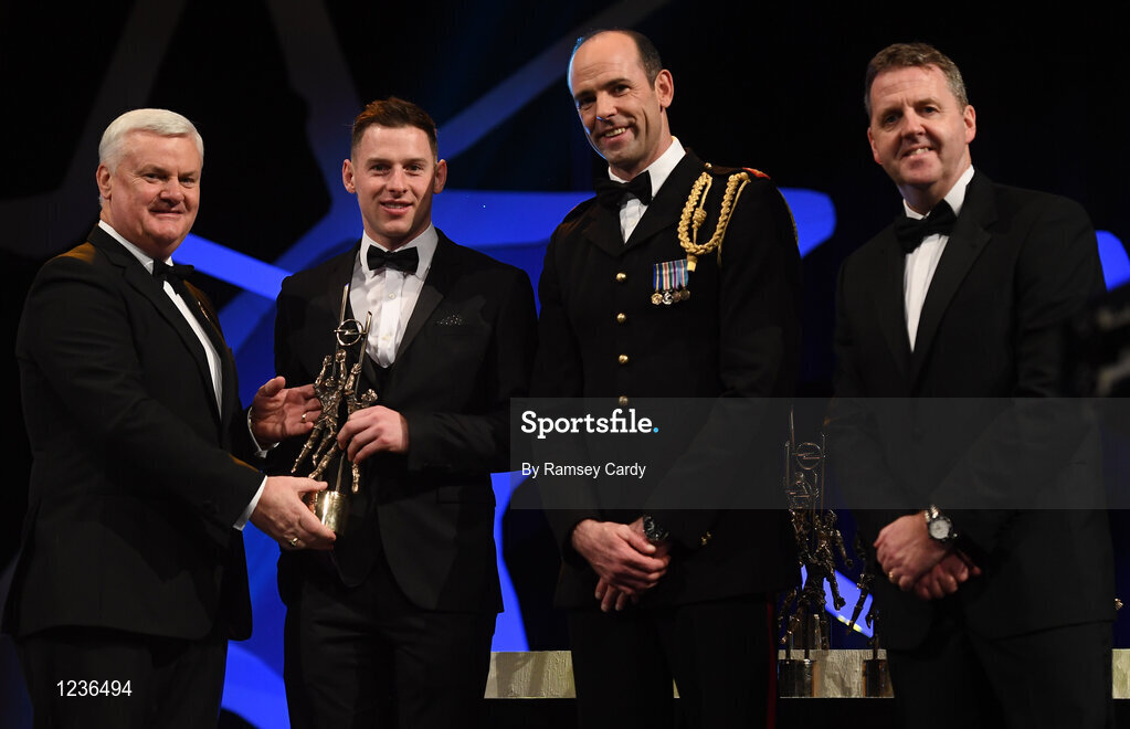 4 November 2016; Dublin footballer Philly McMahon receives his award from Uachtarán Chumann Lúthchleas Gael Aogán Ó Fearghail, in the company of Dermot Earley, 2nd from right, GPA President, and Dave Sheeran, right, Managing Director, Opel Ireland, at the 2016 GAA/GPA Opel All-Stars Awards at the Convention Centre in Dublin. Photo by Ramsey Cardy/Sportsfile