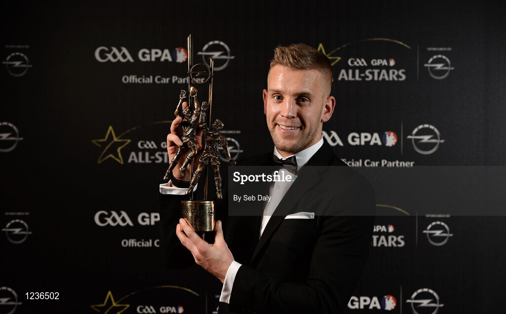 4 November 2016; Dublin footballer Jonny Cooper with his award at the 2016 GAA/GPA Opel All-Stars Awards at the Convention Centre in Dublin. Photo by Seb Daly/Sportsfile