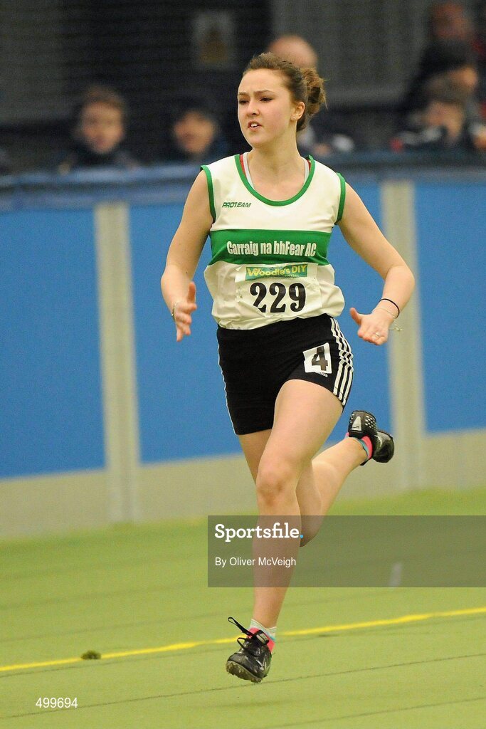 19 March 2011; Roche O'Callaghan, from Carraig Na Bhfear, in action during the U15 Girls 60m. Woodie’s DIY National Juvenile Indoor Championships, Meadowbank Indoor Arena, Magherafelt, Derry. Picture credit: Oliver McVeigh / SPORTSFILE