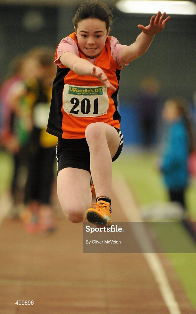 19 March 2011; Oliva Moylan, from Nea Olympic, in action during the U12 Girls long jump. Woodie’s DIY National Juvenile Indoor Championships, Meadowbank Indoor Arena, Magherafelt, Derry. Picture credit: Oliver McVeigh / SPORTSFILE