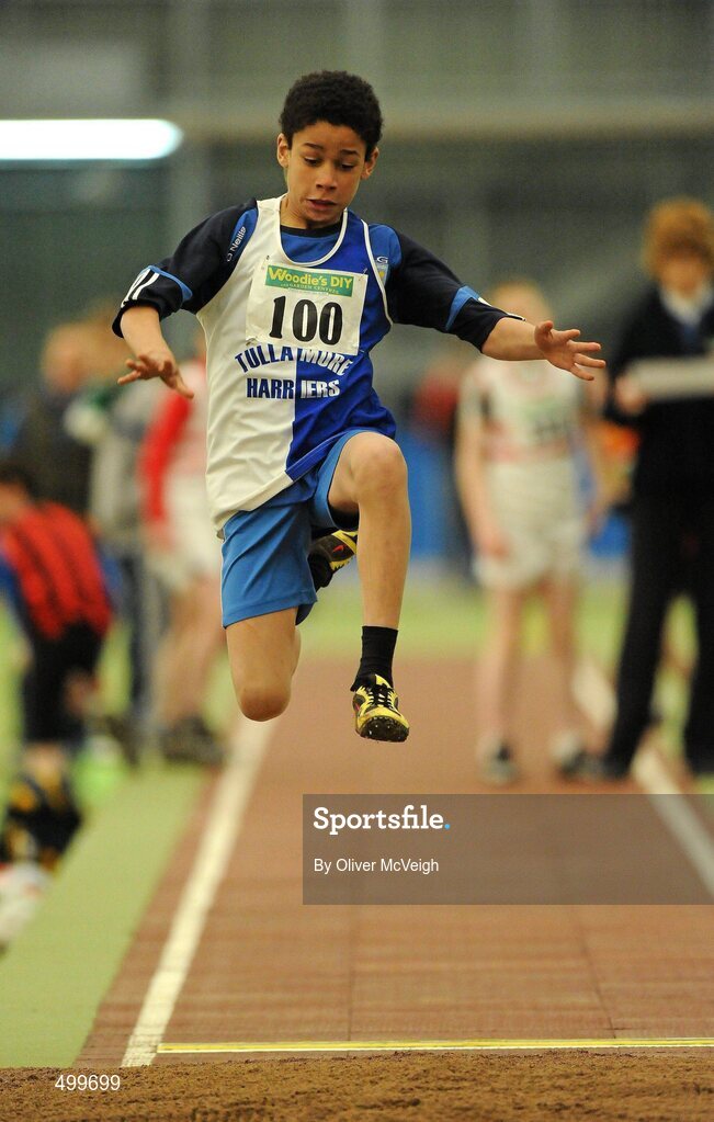 19 March 2011; Cormac Izuchukwu, from Tullamore Harriers, Co. Offaly, in action during the U12 Boys long jump. Woodie’s DIY National Juvenile Indoor Championships, Meadowbank Indoor Arena, Magherafelt, Derry. Picture credit: Oliver McVeigh / SPORTSFILE