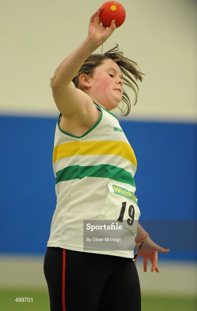 19 March 2011; Nicole Kehoe Dowling, from St Albans AC, in action during the U13 Girls Shot Putt. Woodie’s DIY National Juvenile Indoor Championships, Meadowbank Indoor Arena, Magherafelt, Derry. Picture credit: Oliver McVeigh / SPORTSFILE