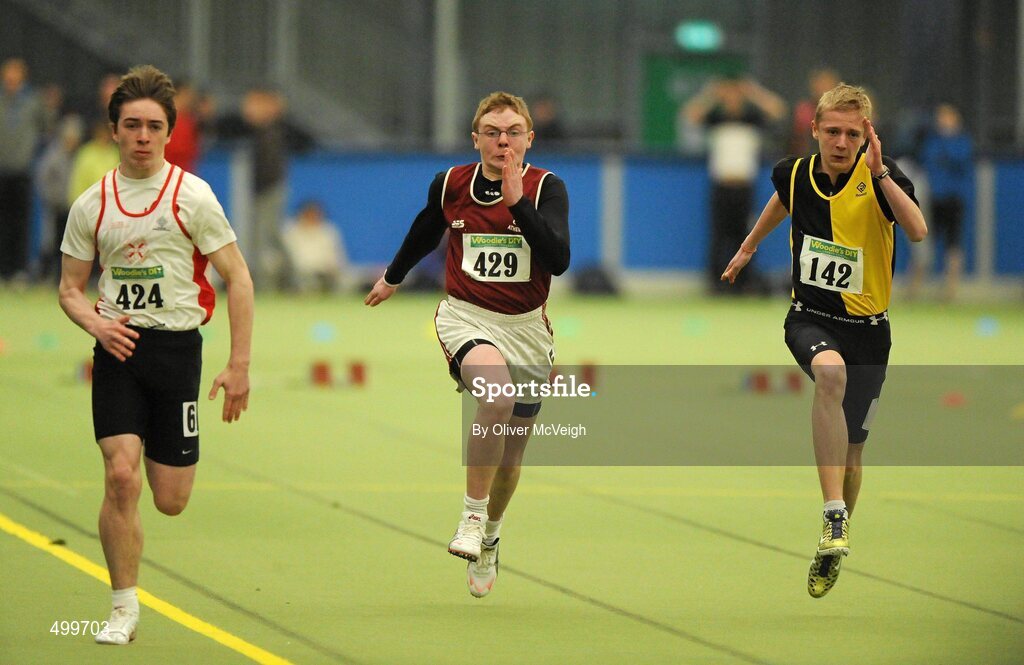 19 March 2011; Odran Byrne Gildea, North Sligo, Evan Quirke, left, Athenry AC, centre, and Aaron Barton, Kilkenny City Harriers, in action during the U15 Boys 60m. Woodie’s DIY National Juvenile Indoor Championships, Meadowbank Indoor Arena, Magherafelt, Derry. Picture credit: Oliver McVeigh / SPORTSFILE