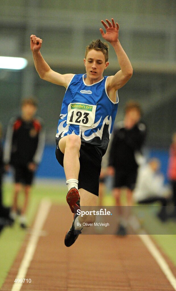 19 March 2011; Ryan Murray, from Bree AC, in action during the U14 Boys Long Jump. Woodie’s DIY National Juvenile Indoor Championships, Meadowbank Indoor Arena, Magherafelt, Derry. Picture credit: Oliver McVeigh / SPORTSFILE