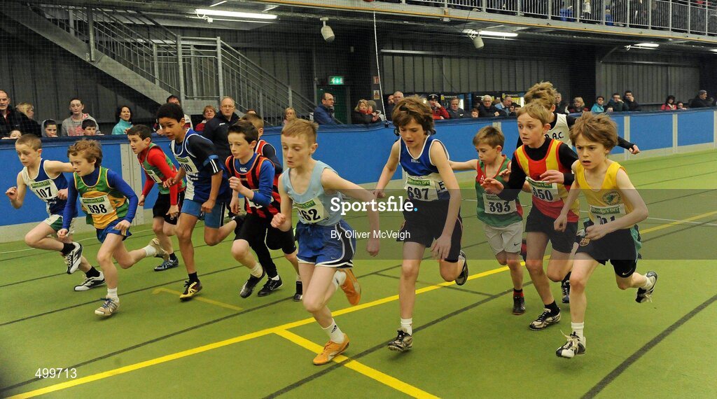 19 March 2011; The start of the Boys U12 600m final. Woodie’s DIY National Juvenile Indoor Championships, Meadowbank Indoor Arena, Magherafelt, Derry. Picture credit: Oliver McVeigh / SPORTSFILE