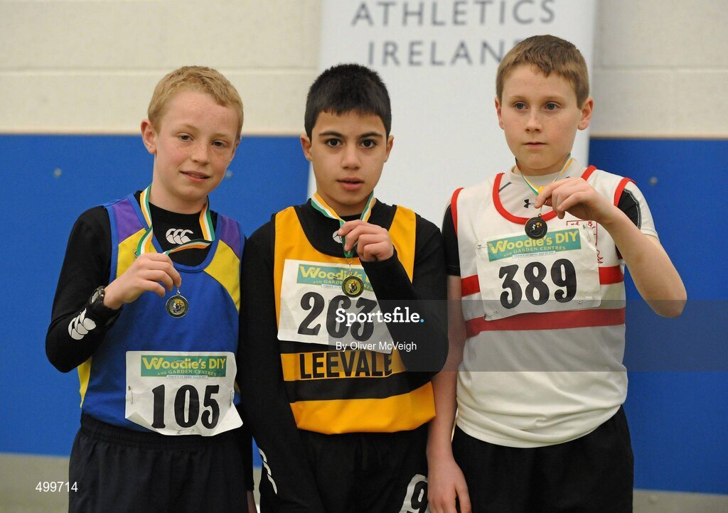 19 March 2011; Competitors, from left to right, Jack Waters, Roundwood and District, 2nd place, Robert Cregan, Leevale, 1st place, and Bradley Nealon, Ballina, 3rd place, with their medals after the U12 Boys 60m. Woodie’s DIY National Juvenile Indoor Championships, Meadowbank Indoor Arena, Magherafelt, Derry. Picture credit: Oliver McVeigh / SPORTSFILE