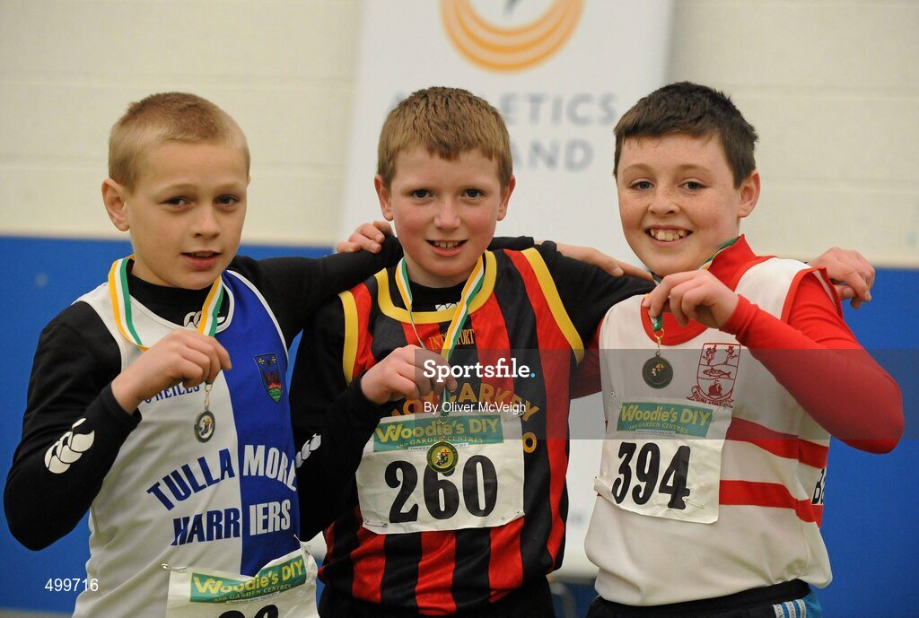 19 March 2011; Competitors from left to right, Christopher Whittle, Tullamore Harriers, 2nd place, David Ryan, Moycarkey Coolcroo, 1st place, and Eoin Hallinan, Ballina, 3rd place, with their medals after the U12 Boys long jump. Woodie’s DIY National Juvenile Indoor Championships, Meadowbank Indoor Arena, Magherafelt, Derry. Picture credit: Oliver McVeigh / SPORTSFILE
