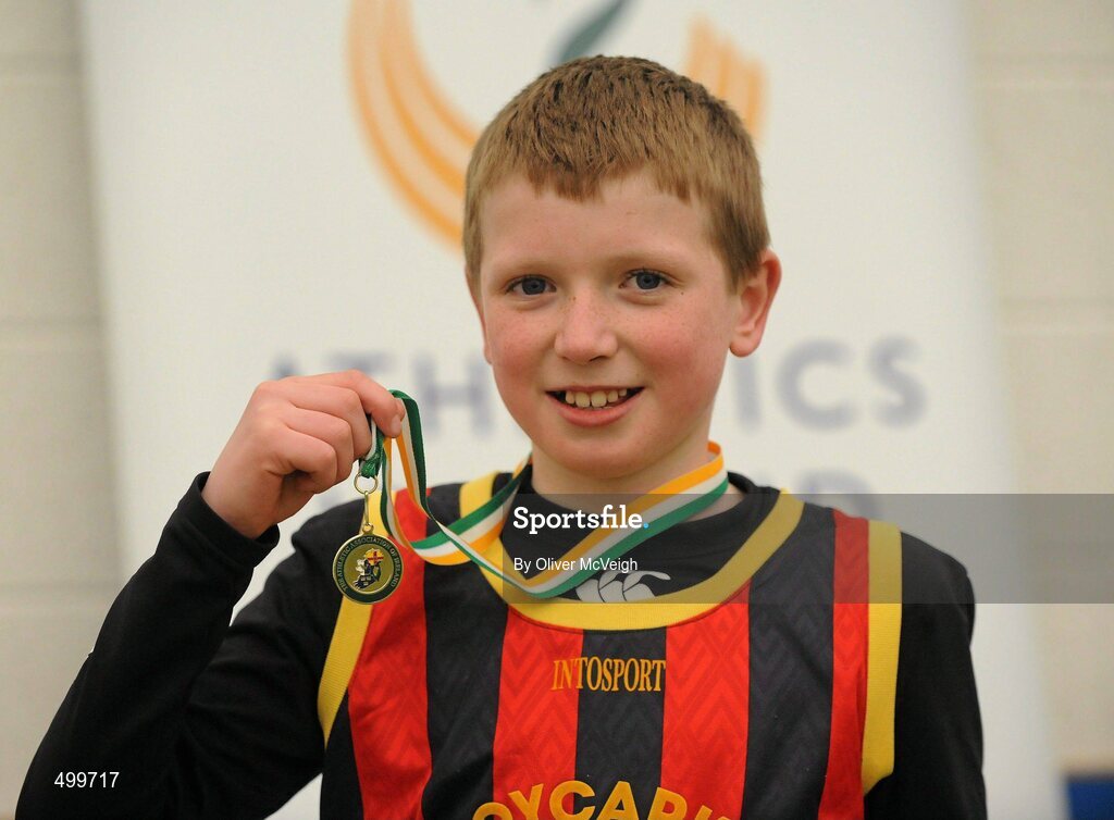 19 March 2011; David Ryan, Moycarkey Coolcroo, with his medal after winning the U12 Boys long jump. Woodie’s DIY National Juvenile Indoor Championships, Meadowbank Indoor Arena, Magherafelt, Derry. Picture credit: Oliver McVeigh / SPORTSFILE