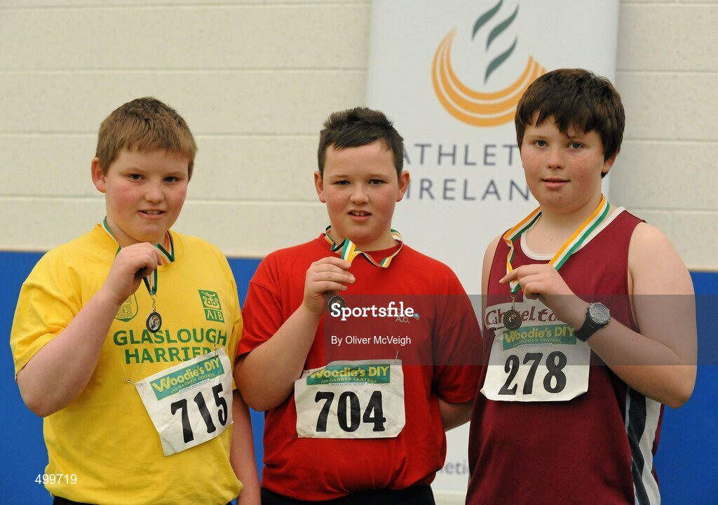 19 March 2011; Competitors, from left to right, Oisin Murphy, Glaslough Harriers, 2nd place, Thomas McGowan, Tir Chonaill, 1st place, and Ciaran O'Maoileoin, An Ghaeltacht, 3rd place, with their medals after the U13 Boys Shot Putt. Woodie’s DIY National Juvenile Indoor Championships, Meadowbank Indoor Arena, Magherafelt, Derry. Picture credit: Oliver McVeigh / SPORTSFILE