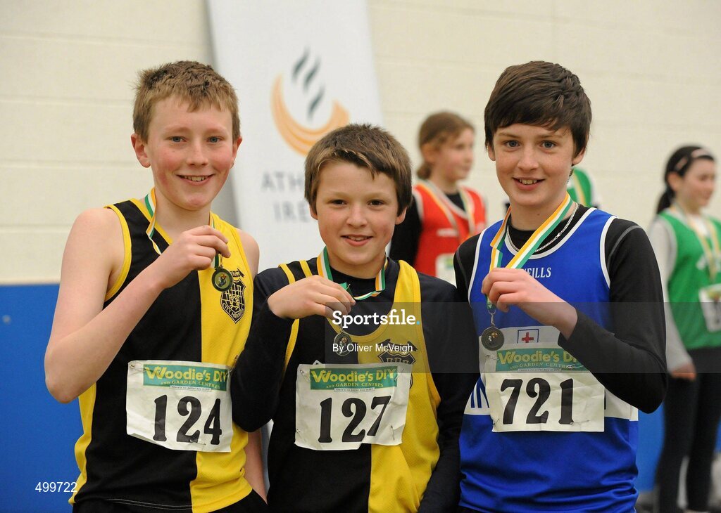 19 March 2011; Competitors, from left to right, Jack Manning, Kilkenny City Harriers, 2nd place, Victor Costello, Kilkenny City Harriers, 1st place, and Jack McGeehan , Finn Valley, 3rd place, with their medals after the U14 Boys High Jump. Woodie’s DIY National Juvenile Indoor Championships, Meadowbank Indoor Arena, Magherafelt, Derry. Picture credit: Oliver McVeigh / SPORTSFILE